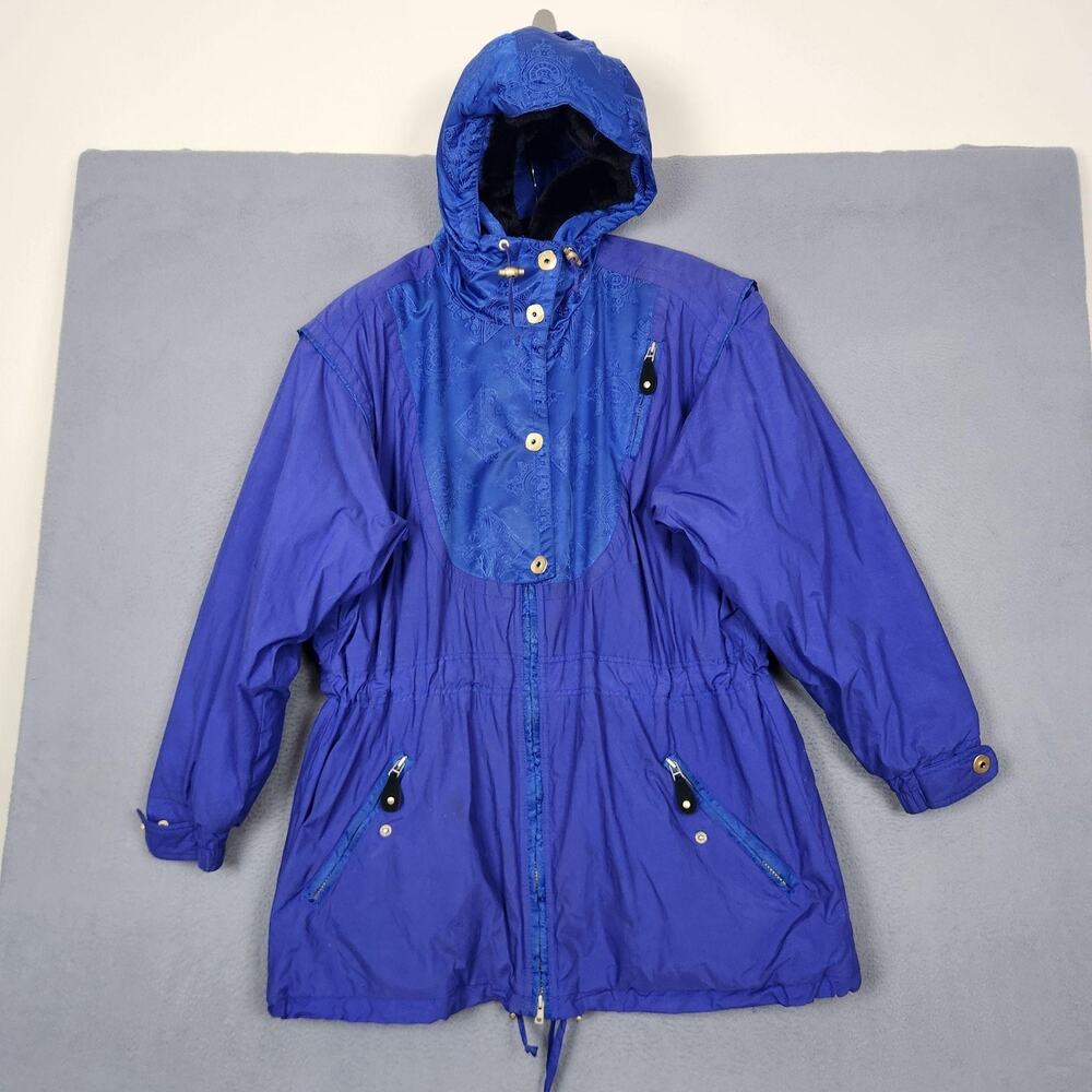 Obermeyer Parka Coat Womens 12 Blue Ski Hooded ThermoLite Faux Fur Insulated